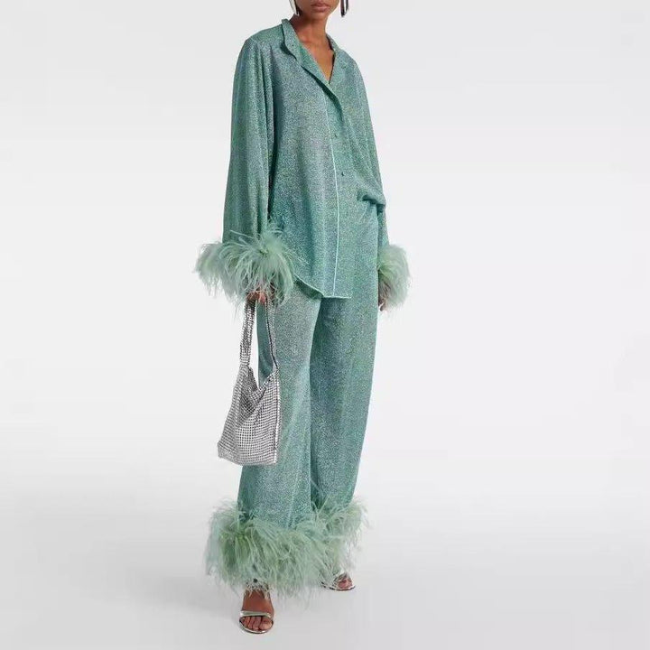 Liya - Feather Collar Two - Piece Set - Elle Toronto