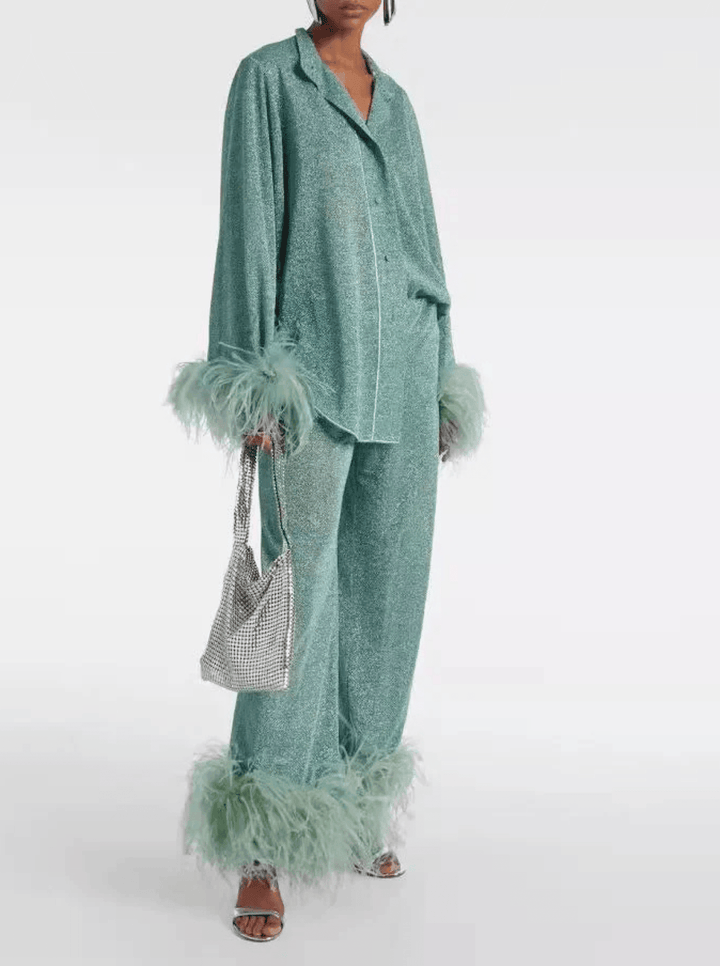 Liya - Feather Collar Two - Piece Set - Elle Toronto