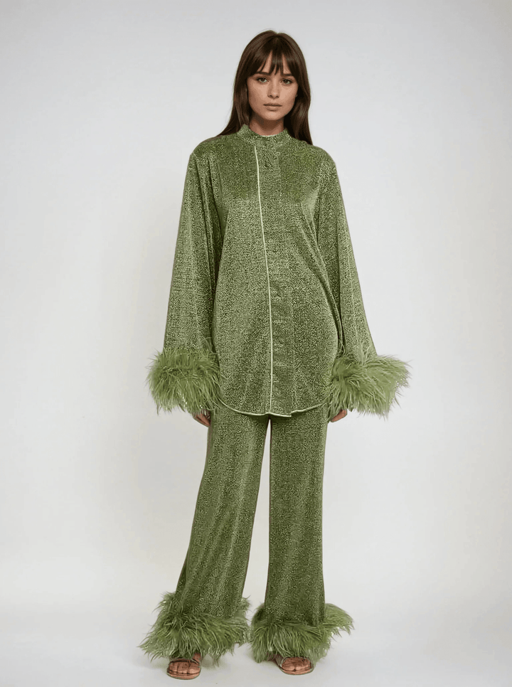 Liya - Feather Collar Two - Piece Set - Elle Toronto