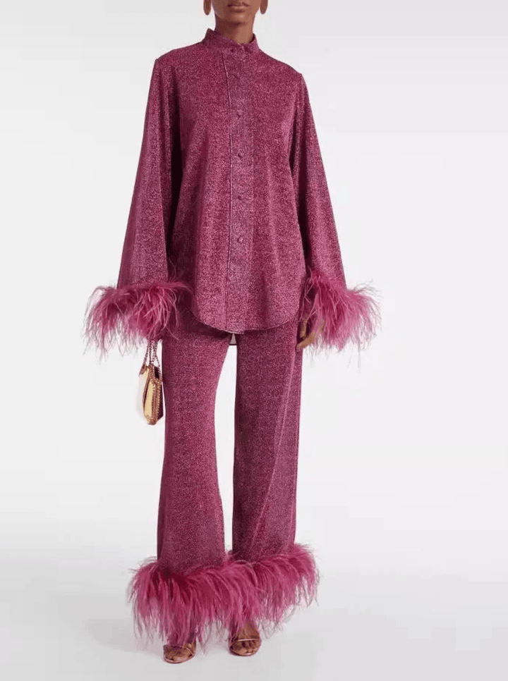 Liya - Feather Collar Two - Piece Set - Elle Toronto